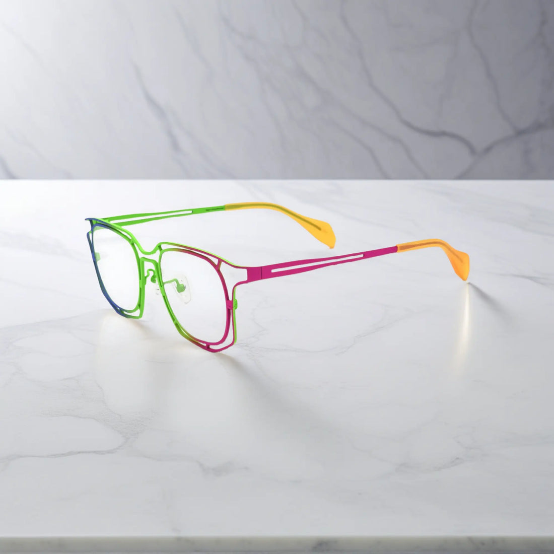 Side view showing temple and hinge details of Rainbow Burst titanium frame