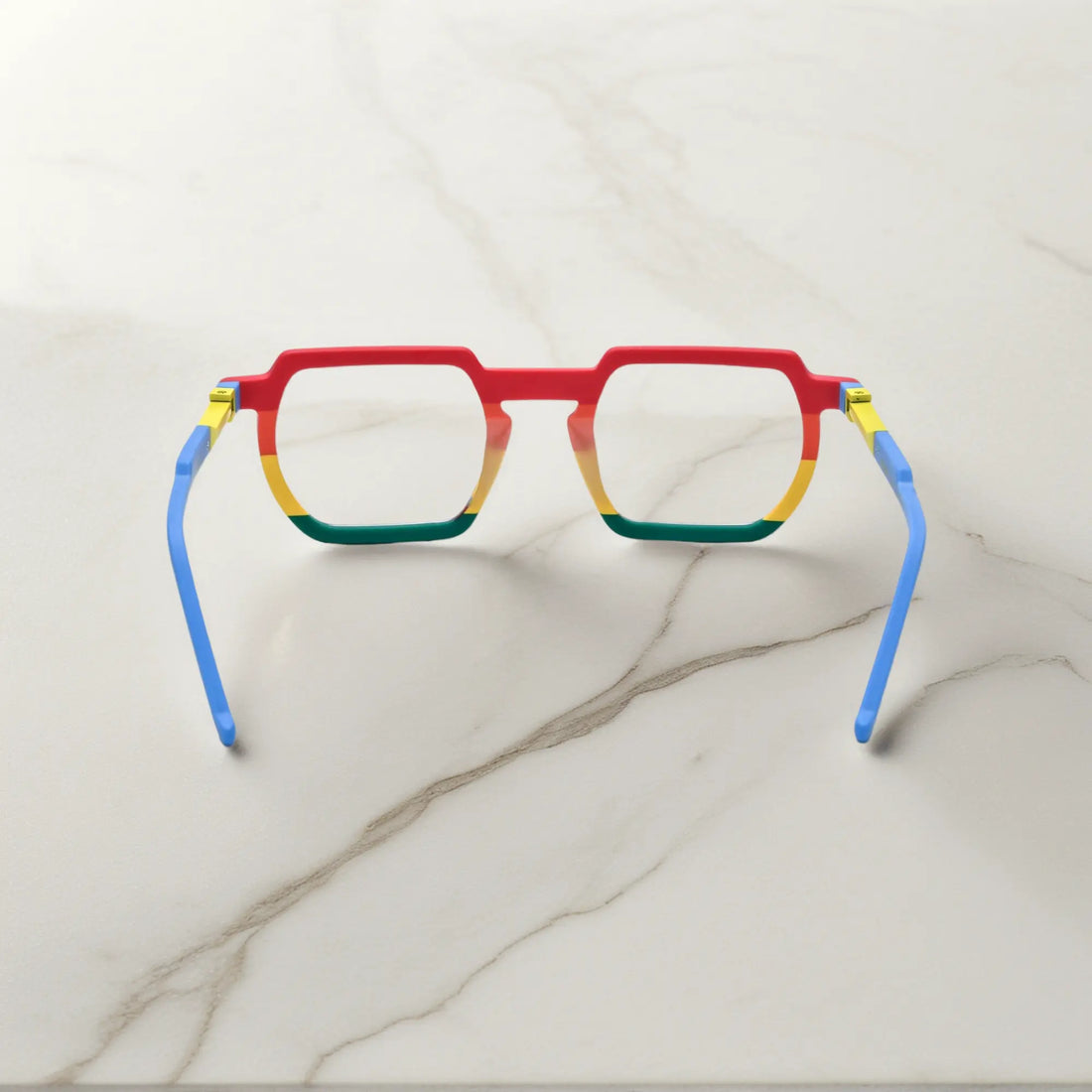 Rear view highlighting the artistic rainbow fade and high-quality spring hinges of the VoyueLens™ Rainbow Rush square eyeglasses