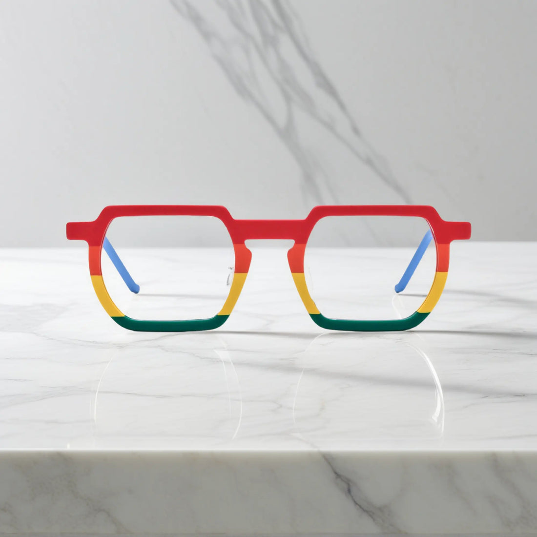 Front view of VoyueLens™ Rainbow Rush eyeglasses featuring a bold geometric frame and a vibrant rainbow color fade in matte acetate