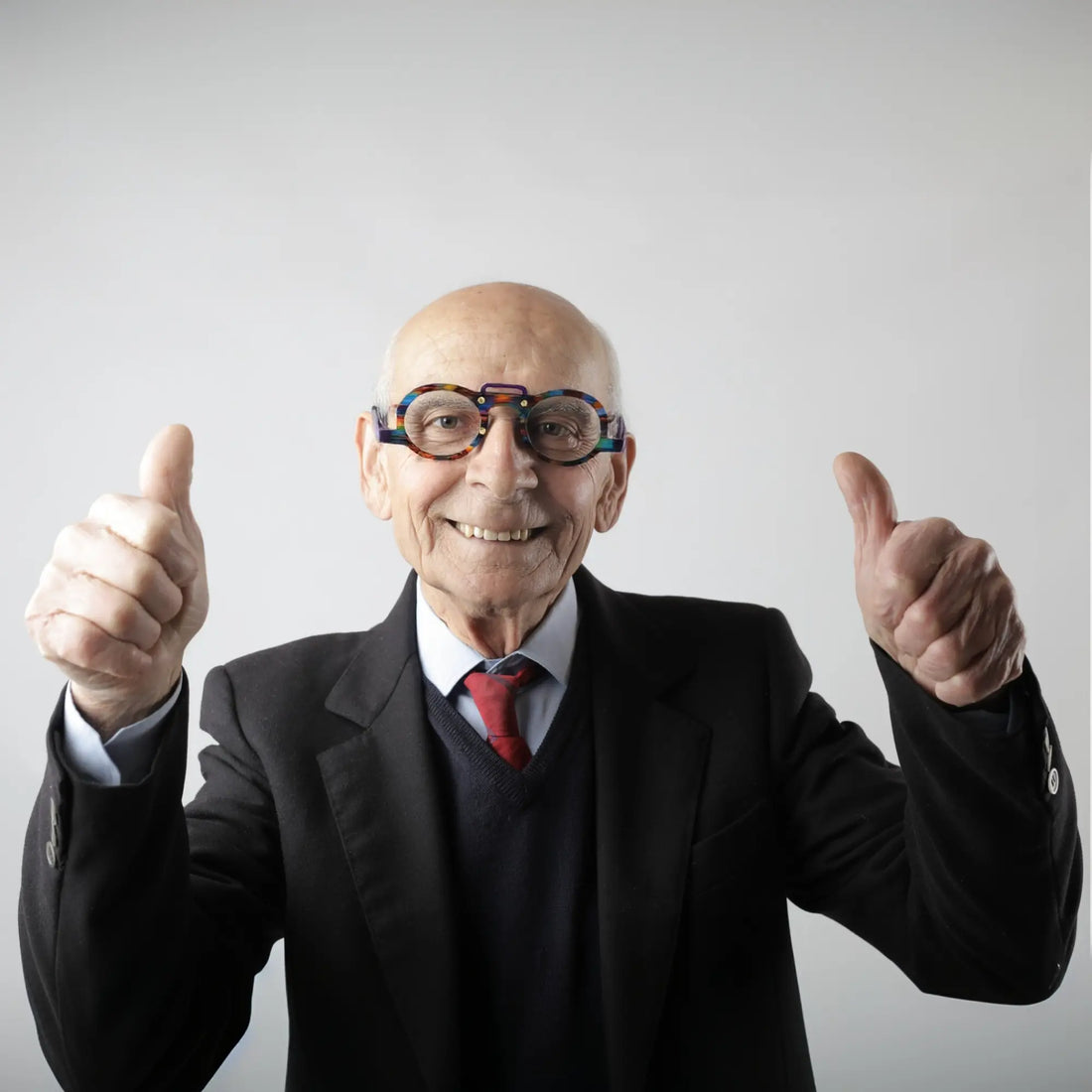 Dad model wearing VoyueLens™ Rainbow Tortoise colorful geometric eyeglasses