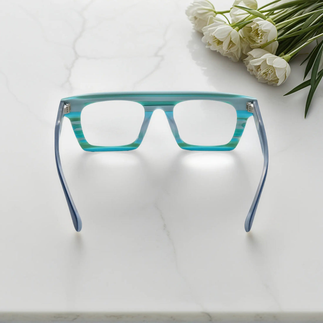 Back angle view showing frame curve and inner detail of VoyueLens Acetate Square Eyeglasses in Sapphire Stripes