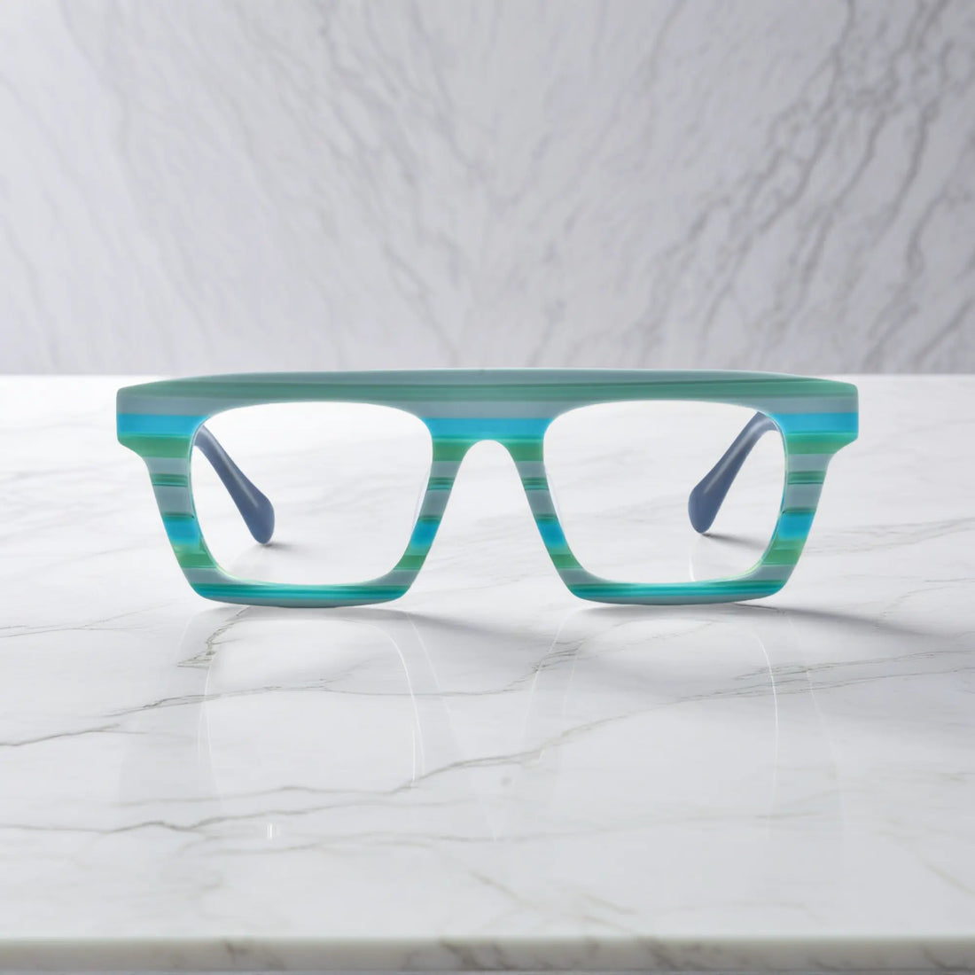 Front-facing view showcasing the bold square frame design of VoyueLens Acetate Square Eyeglasses in Sapphire Stripes