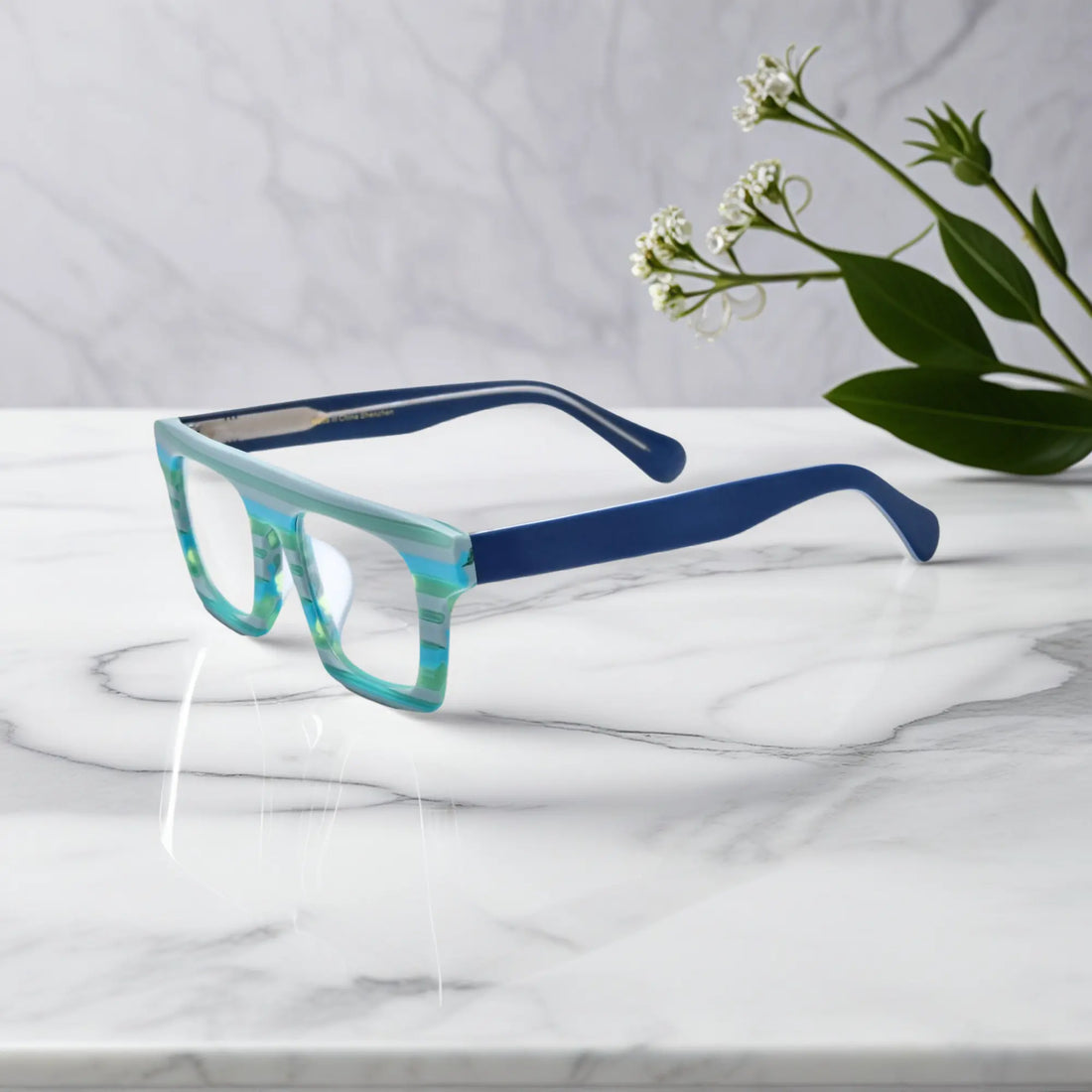 Side profile highlighting the temple structure and acetate finish of VoyueLens Acetate Square Eyeglasses in Sapphire Stripes