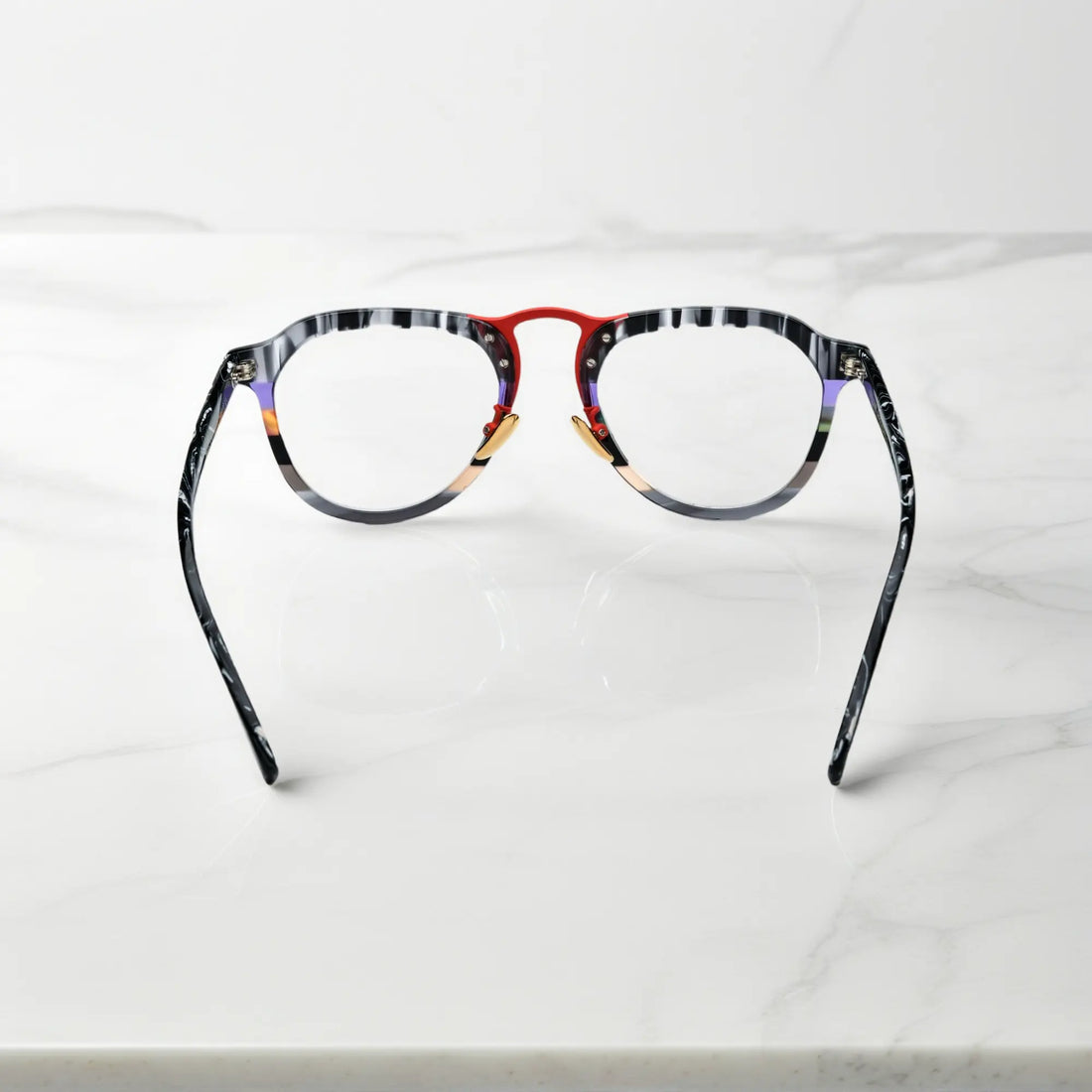 Rear view of VoyueLens Scarlet Marble Mix red marble pattern aviator glasses