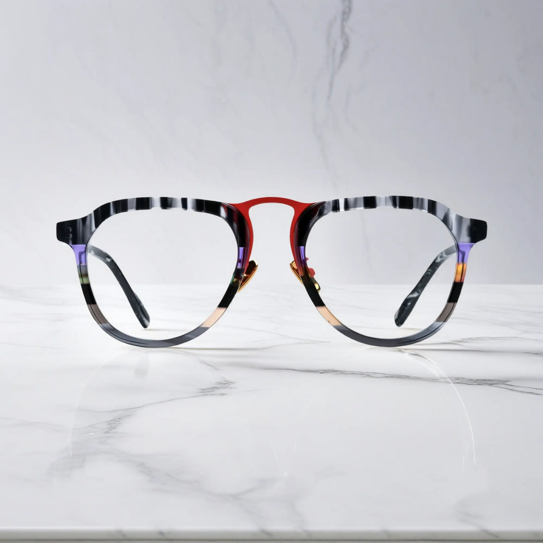 Front view of VoyueLens Scarlet Marble Mix red marble pattern aviator glasses
