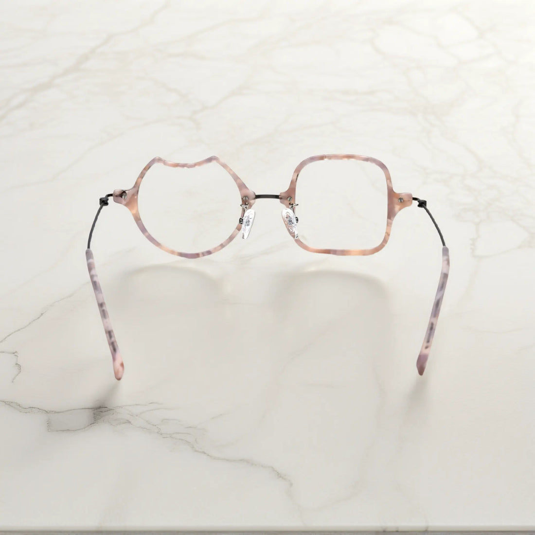 Back View of VoyueLens™ Shell Pink dual-shaped artistic eyeglasses VL185842-C3. Rear view displaying the acetate frame and the titanium temple connection structure.
