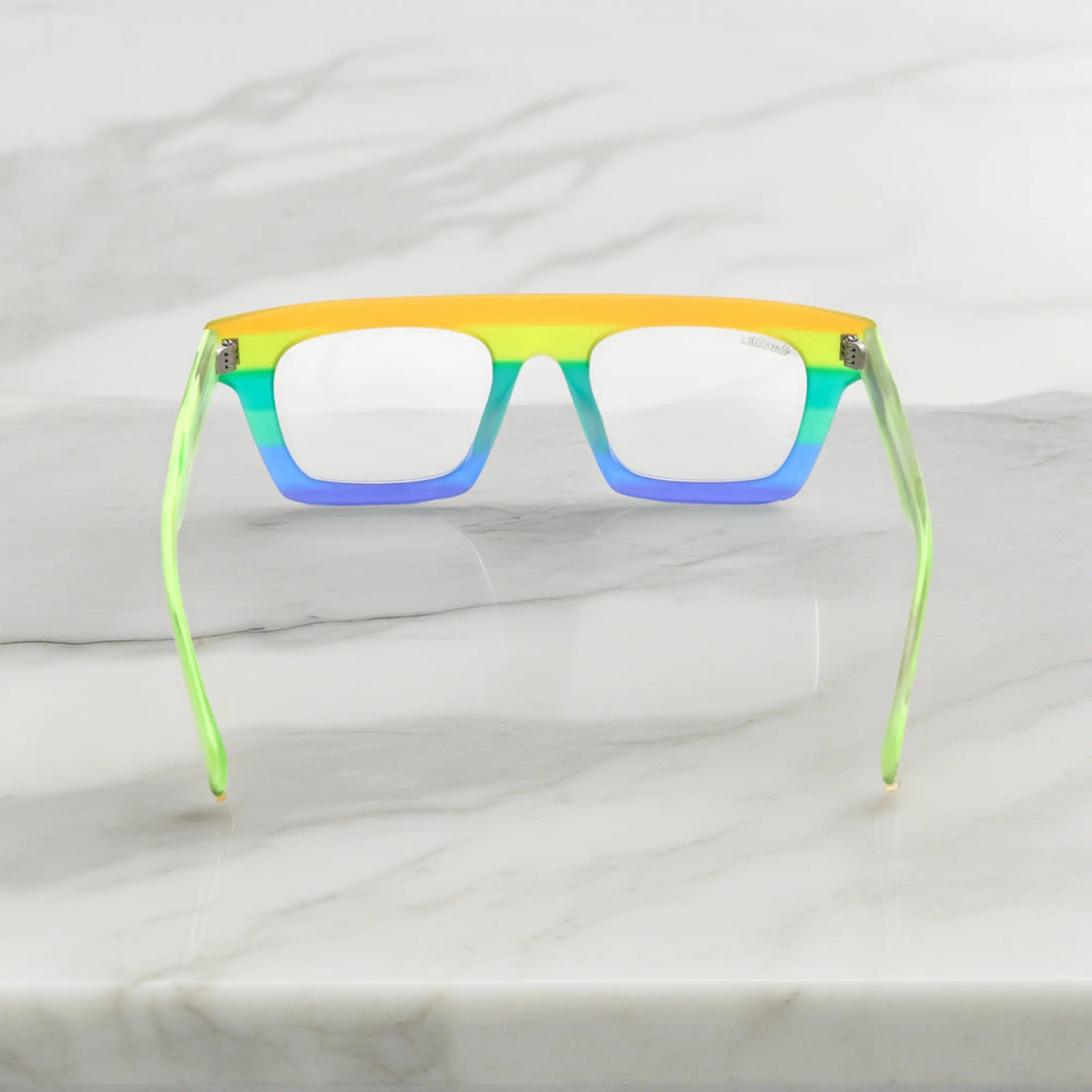 Back angle view showing frame curve and inner detail of VoyueLens Acetate Square Eyeglasses in Sunset Fade
