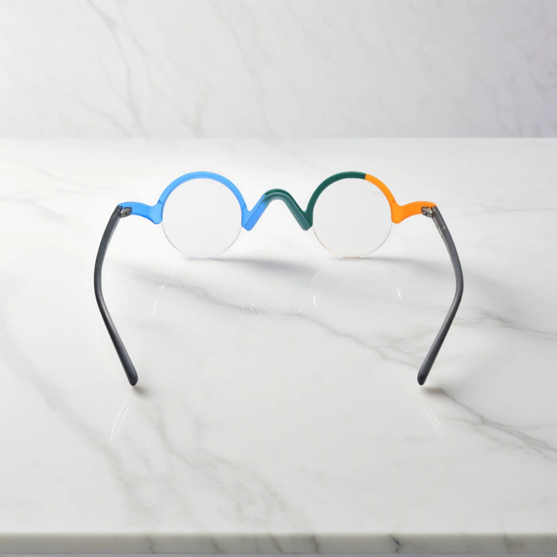 Rear view of VoyueLens™ Teal-Blue semi-rimless browline eyeglasses highlighting construction details.