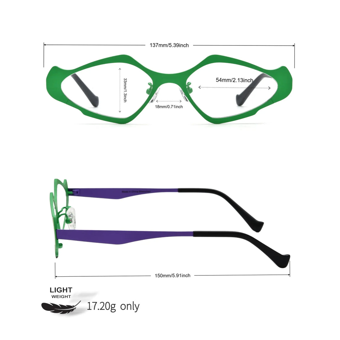 Size chart for VoyueLens™ VL185811 Violet Green polygon titanium eyeglasses