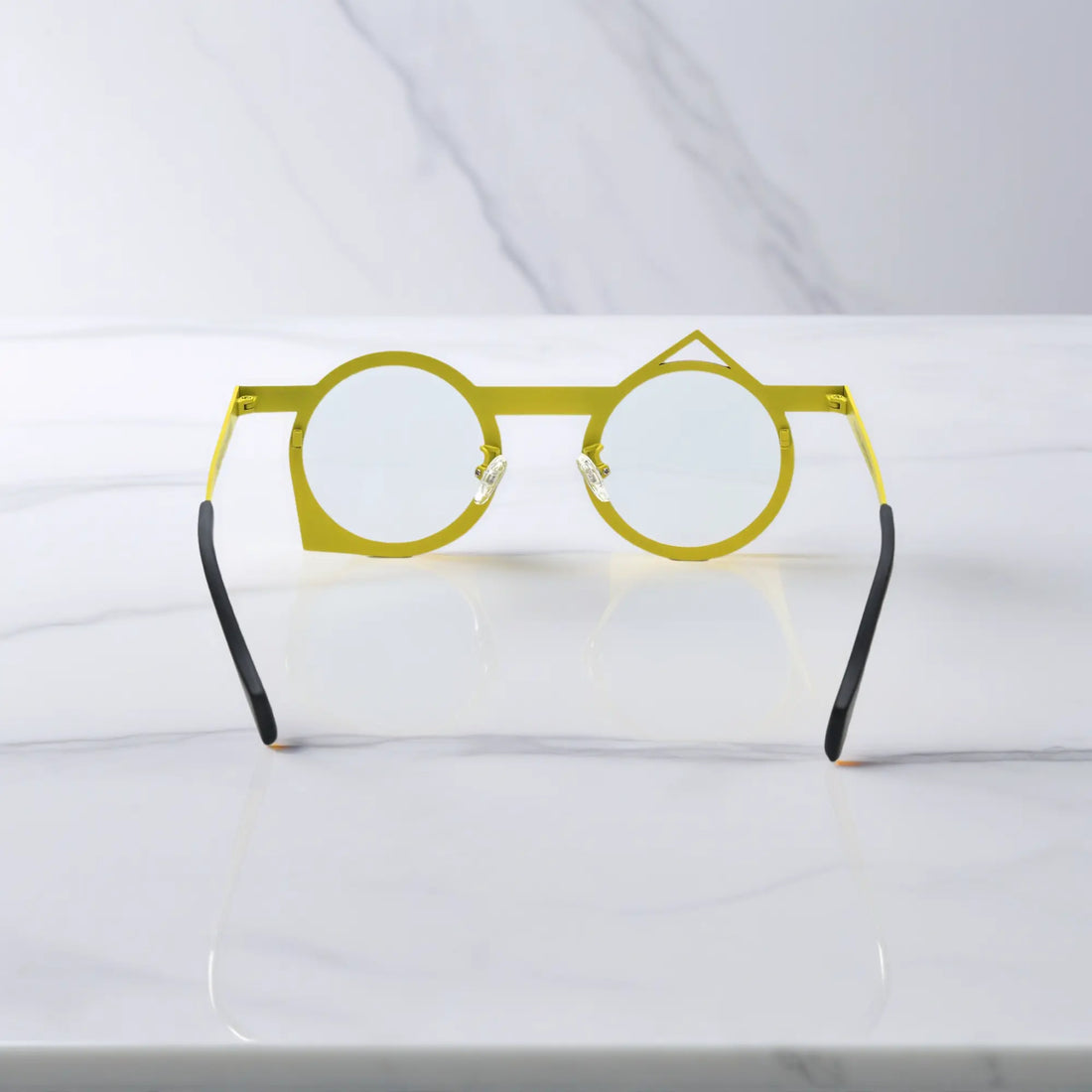 Back view of VoyueLens™ VL185801 titanium glasses in Violet Mustard, highlighting the sculpted dual-color frame.