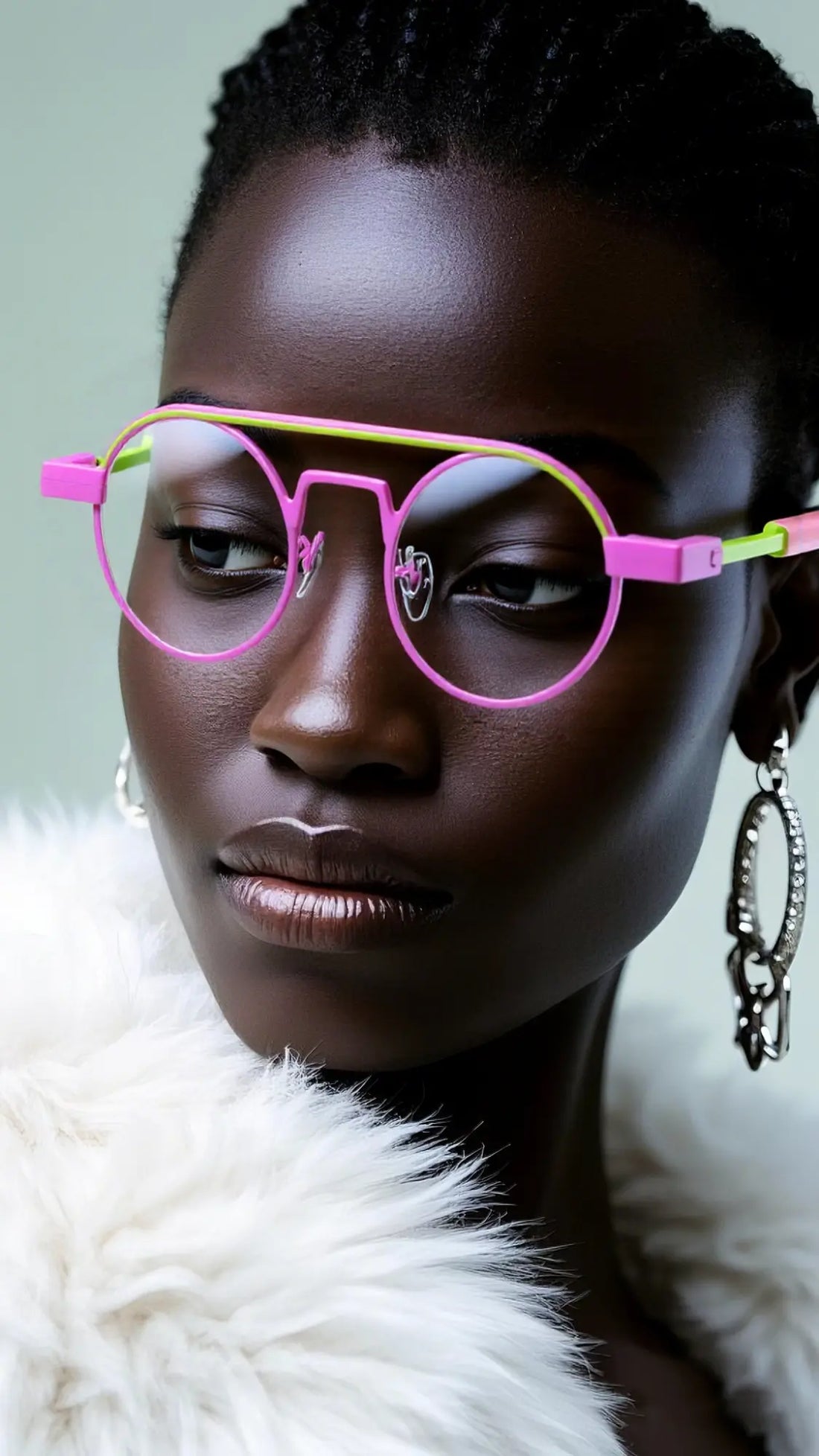 Fashion black model wearing VoyueLens™ NeoPilot glasses in Candy Lime color-block titanium frame with pink-green tones, part of the NeoPilot series, highlighting style and fit