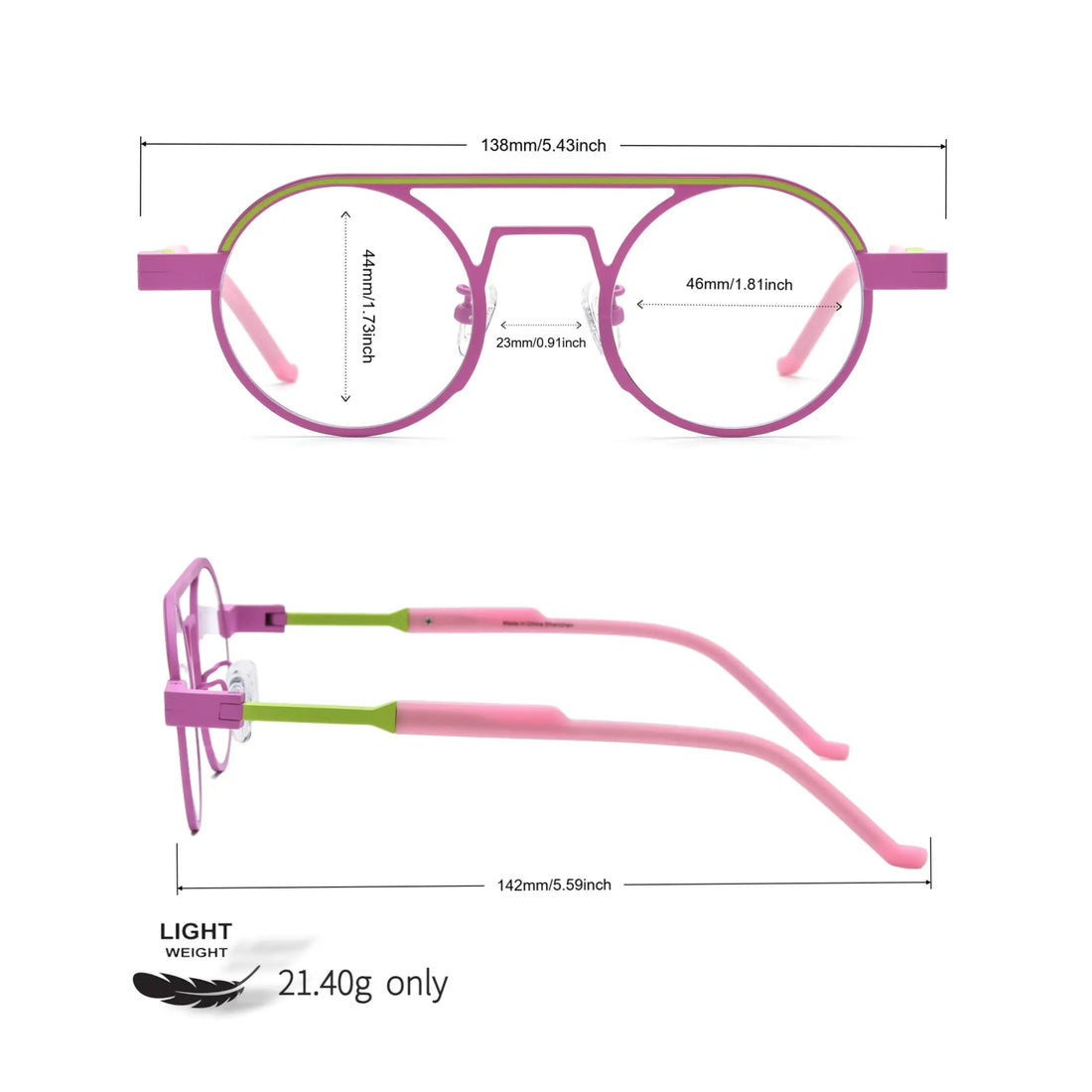 Technical diagram showing precise measurements of the frame in Candy Lime color-block titanium frame with pink-green tones, part of the NeoPilot series