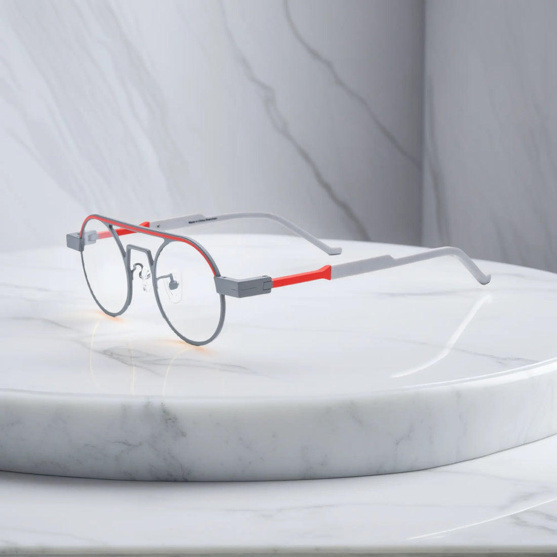 Side profile showing the slim titanium arms and hinge structure in Chrome Ember sleek silver titanium frame with a subtle industrial edge