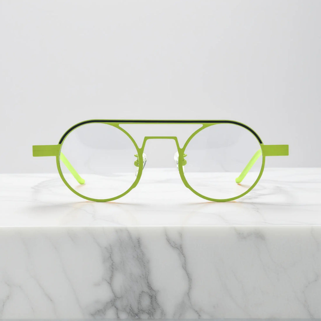 Front view of VoyueLens™ NeoPilot aviator glasses in Neon Moss bold green colorway for statement-making eyewear