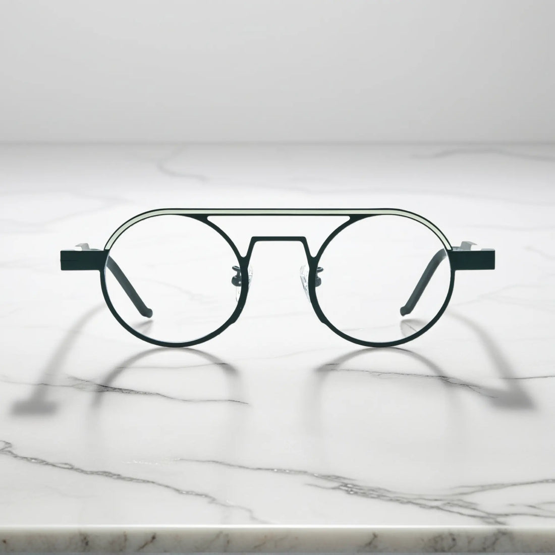 Front view of VoyueLens™ NeoPilot aviator glasses in Urban Ink deep green-gray combination for sophisticated style