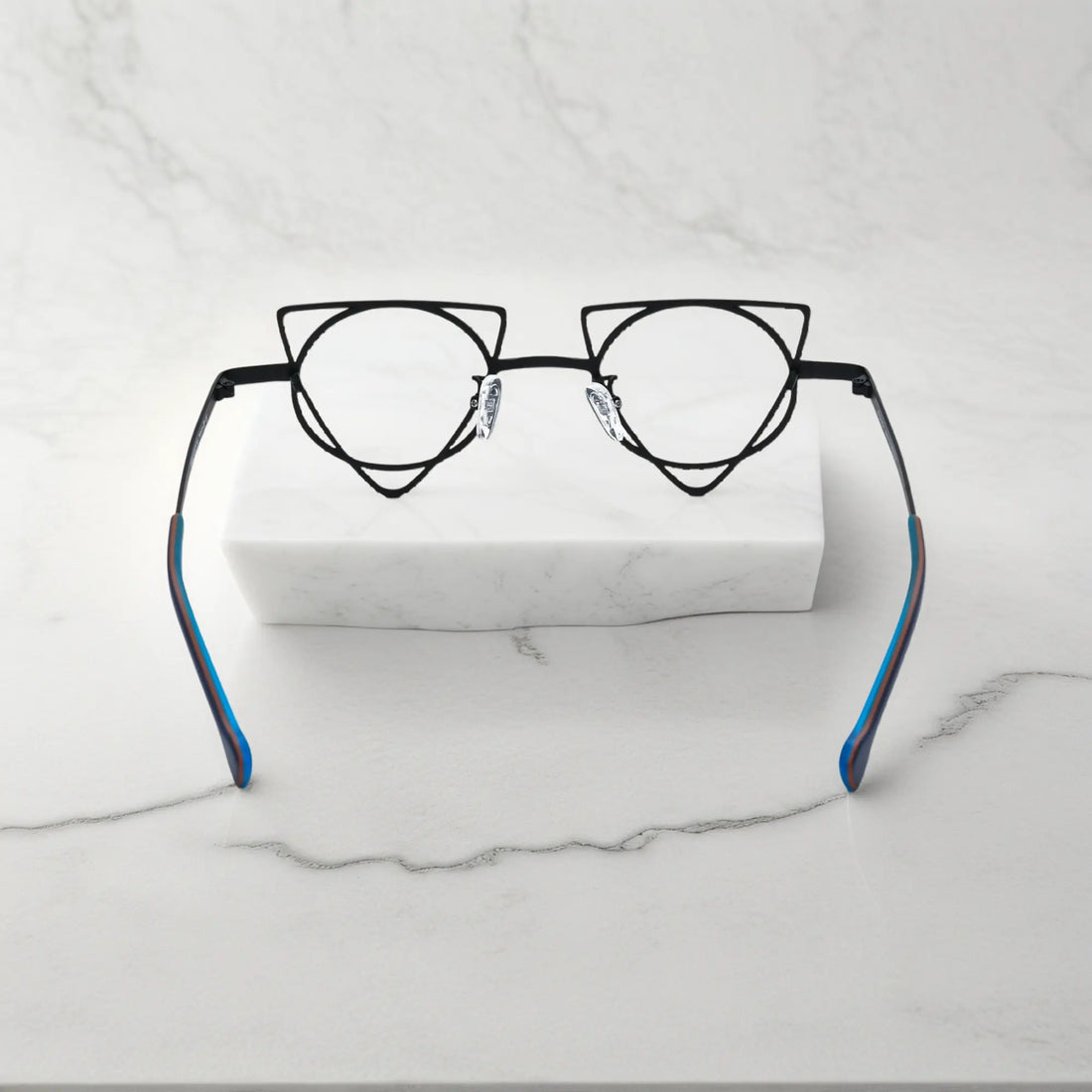 Back angle revealing artistic frame curves of VoyueLens™ Lime Black geometric glasses, crafted from lightweight titanium