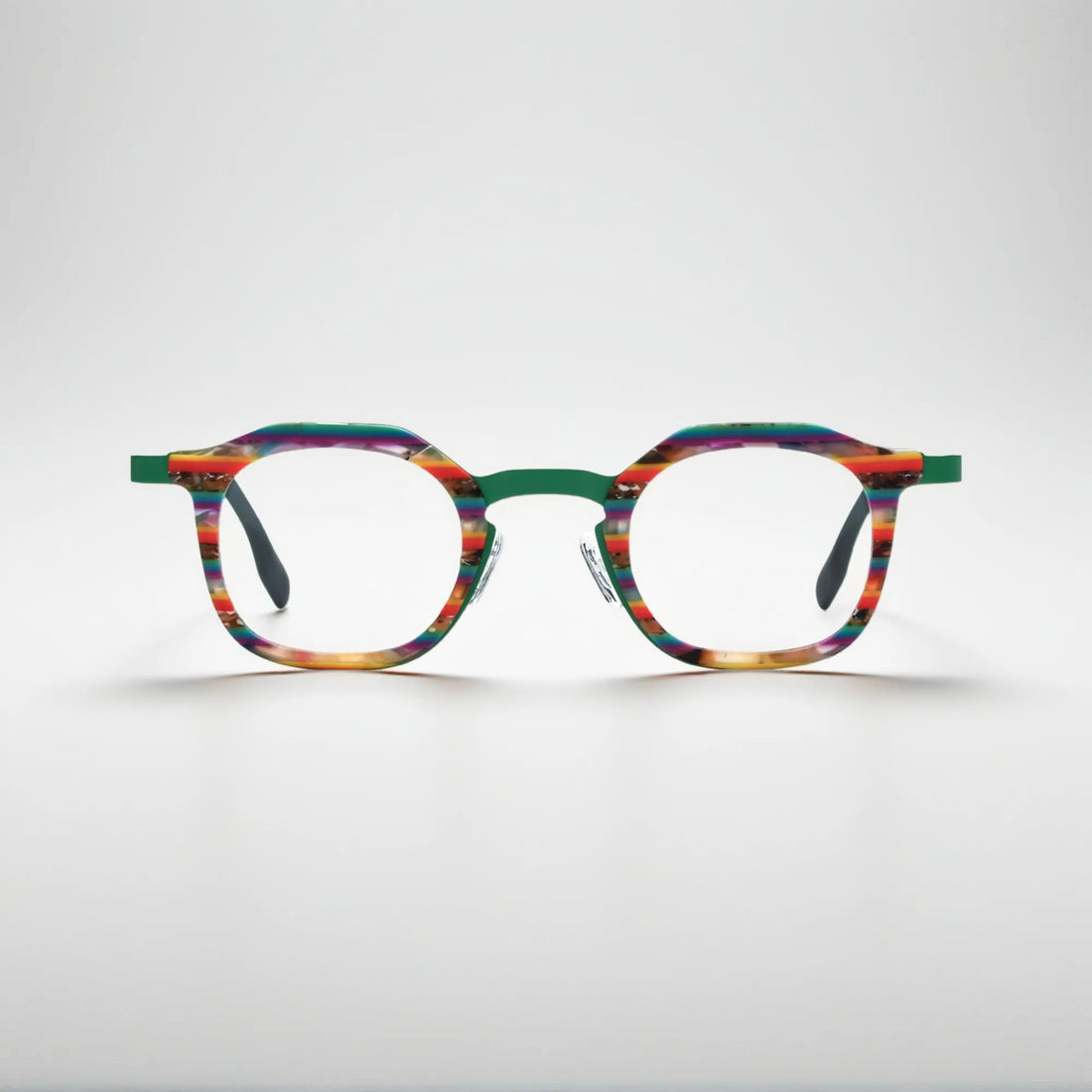 Front view of VoyueLens™ Aurora Stripe square eyeglasses with a green-to-clear gradient acetate front and satin titanium temples.