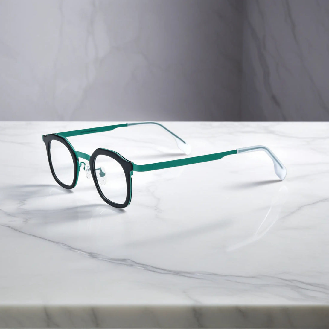 Side view of VoyueLens™ Forest Frost square eyeglasses a forest green acetate frame with frosted silver titanium temples.