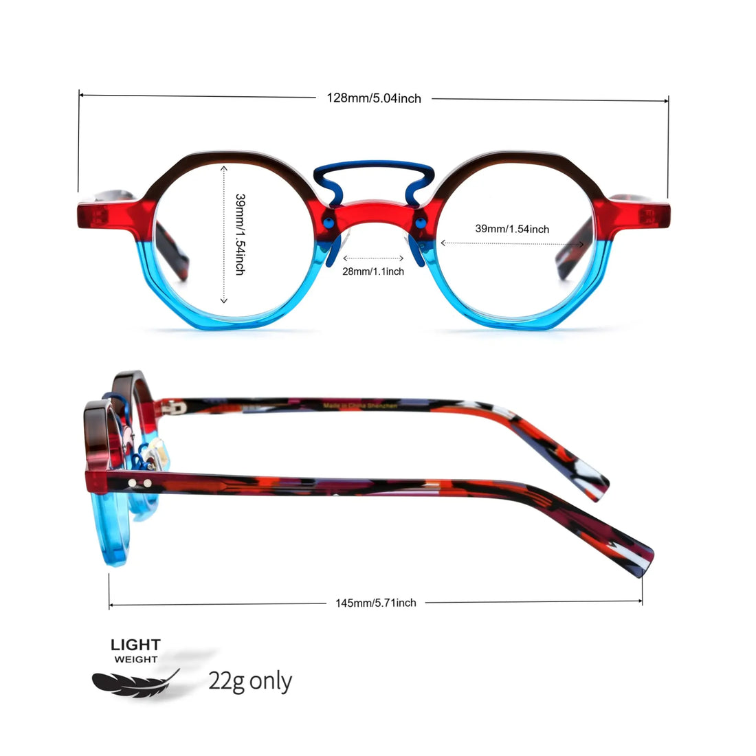 Size guide for VoyueLens™ VL19244 geometric acetate eyeglasses, including frame width, lens dimensions, bridge width, temple length, and weight optimized for small faces