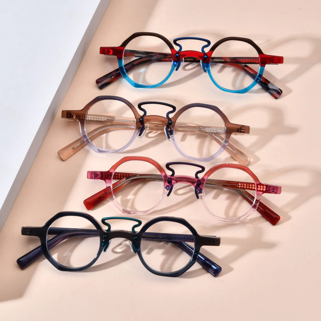 Collection of VoyueLens™ VL19244 geometric acetate eyeglasses showcasing all color variants: Crimson Blue Fusion, Mocha Blue Blend,Rosé Amethyst Glow, and Forest Grey Mist; lightweight frames for small faces, prescription ready