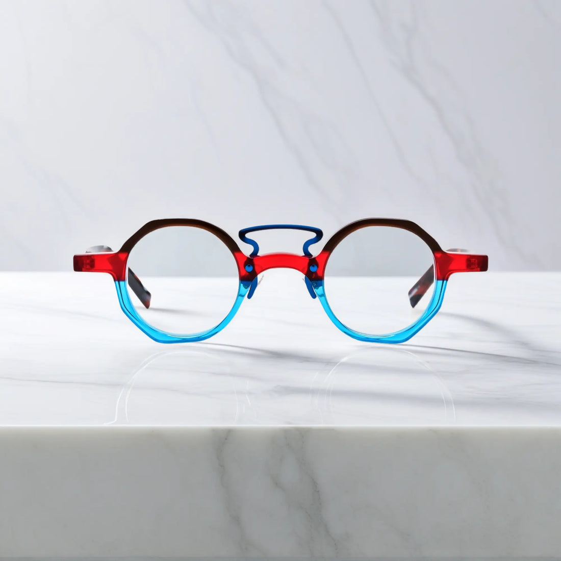 Front view of VoyueLens™ VL19244 lightweight geometric acetate eyeglasses in Crimson Blue Fusion, designed for small faces