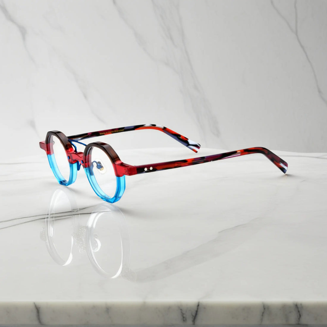 Side profile of VoyueLens™ VL19244 unisex acetate eyeglasses in bold Crimson Blue Fusion for petite faces