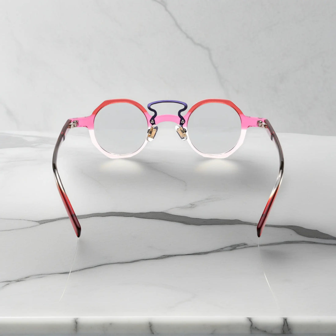 Angled image of VoyueLens™ VL19244 Rosé Amethyst Glow unisex geometric small face eyeglasses