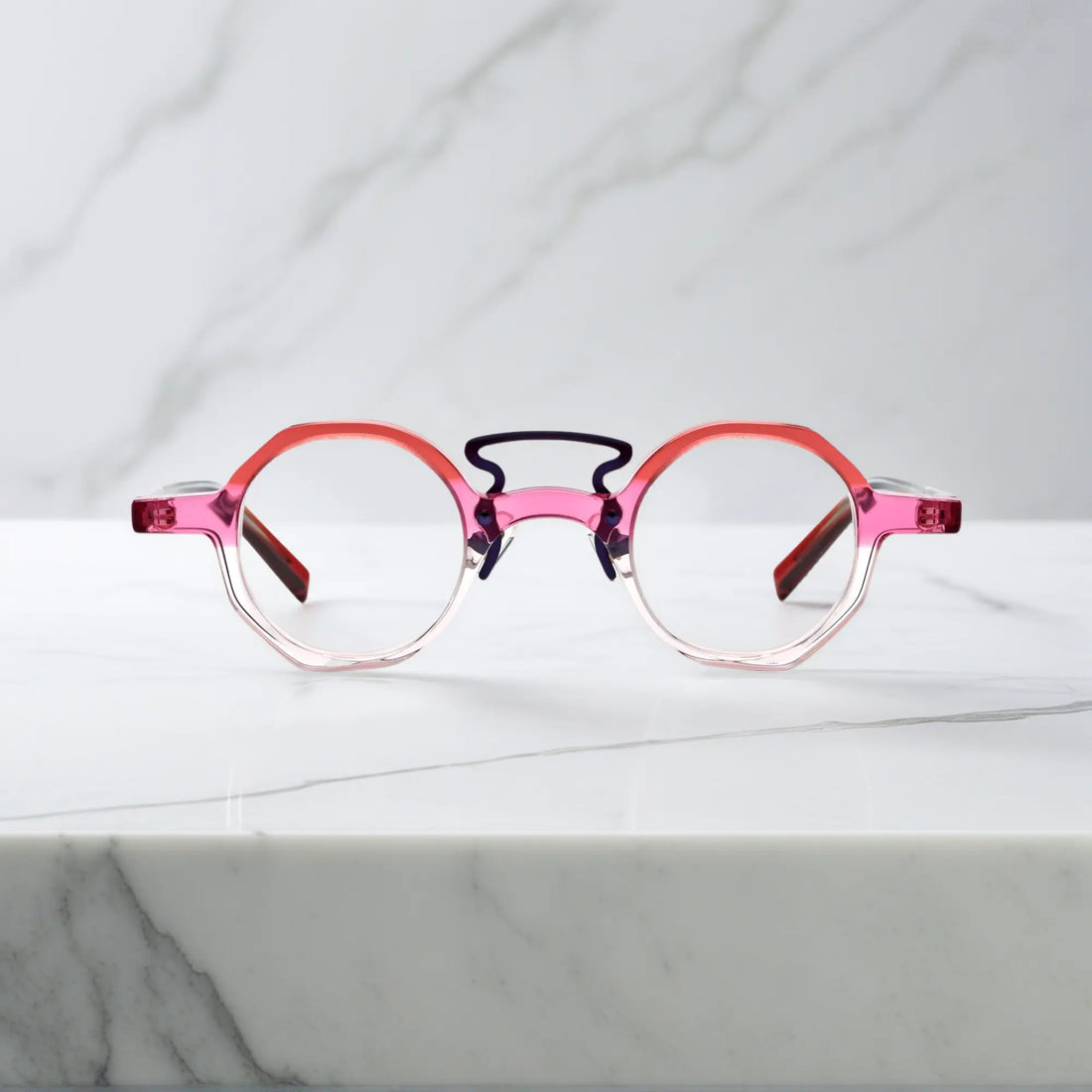 Front display of VoyueLens™ VL19244 Rosé Amethyst Glow geometric acetate eyeglasses perfect for small face fitting