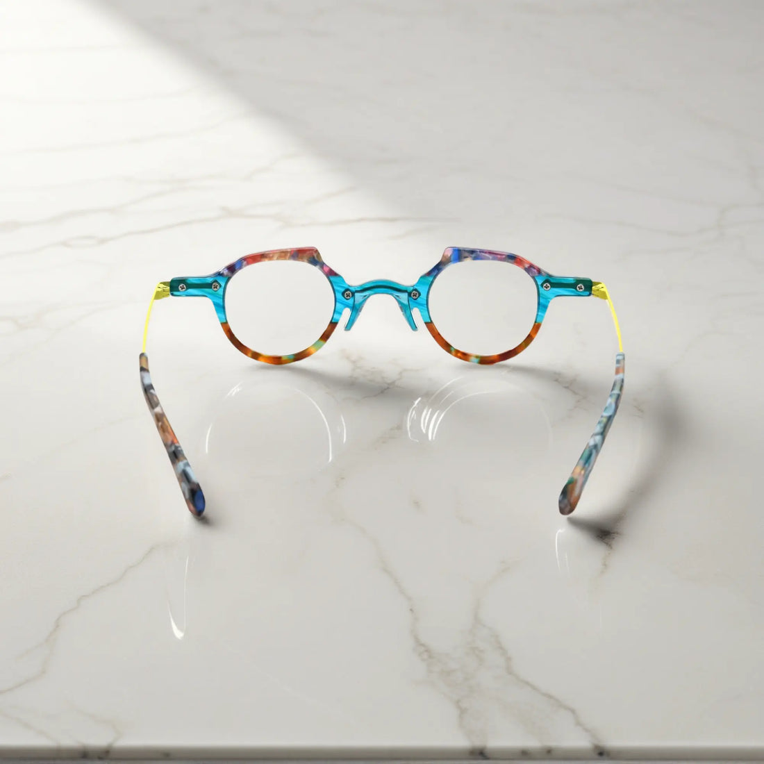 Rear view of the VoyueLens™ VL19341 amber crystal glasses showing the curved temple arms and seamless construction of the premium acetate frame.