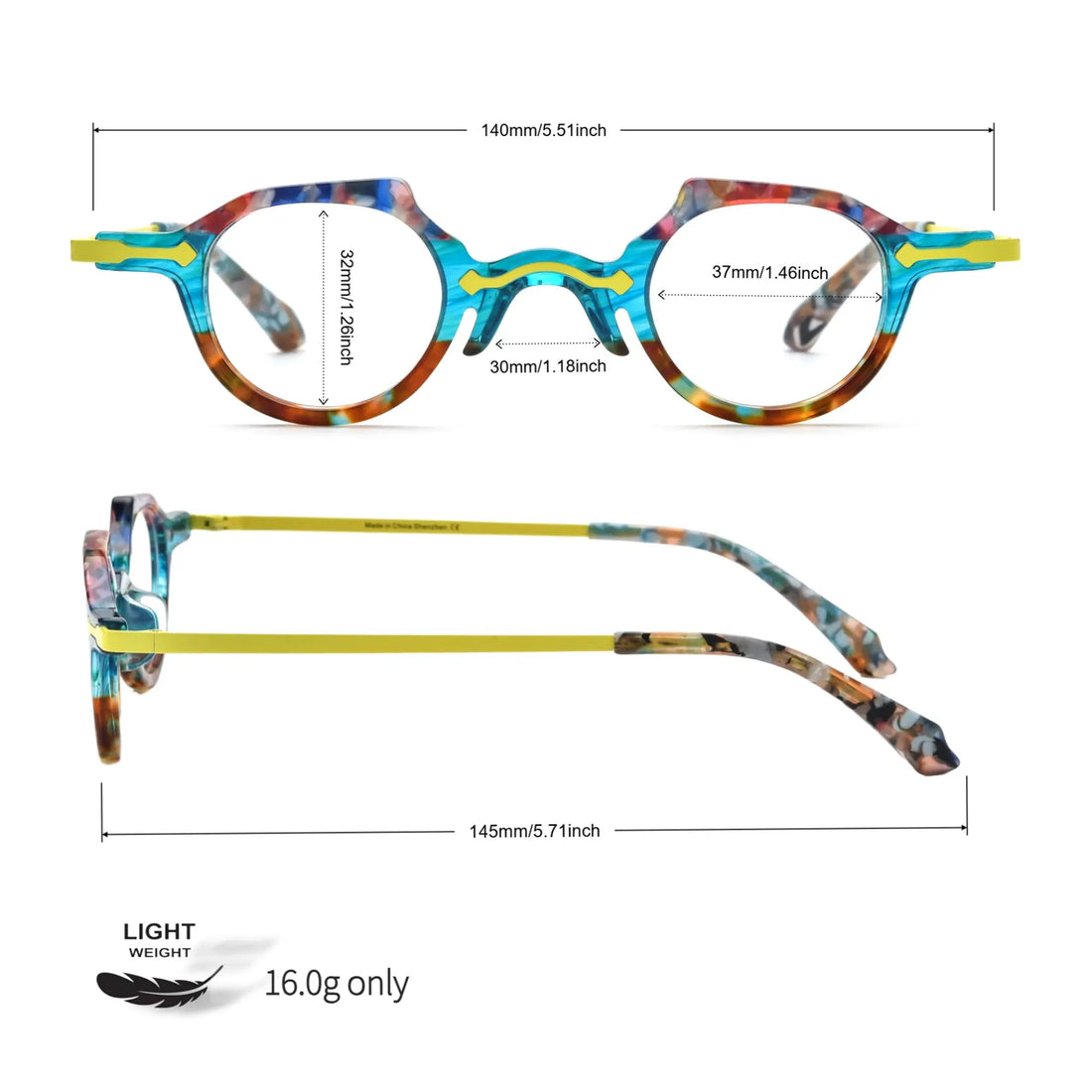 Measurement reference image for VoyueLens™ VL19341 in amber crystal, detailing lens width, frame height, bridge, and temple length for optimal fit guidance.