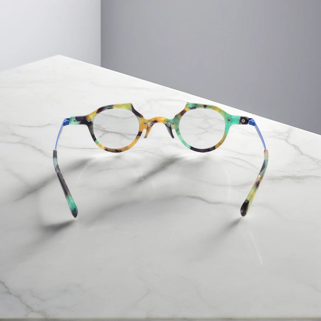 Rear-facing image of VoyueLens™ VL19341 cobalt blue glasses revealing ergonomic temple design and smooth acetate craftsmanship.