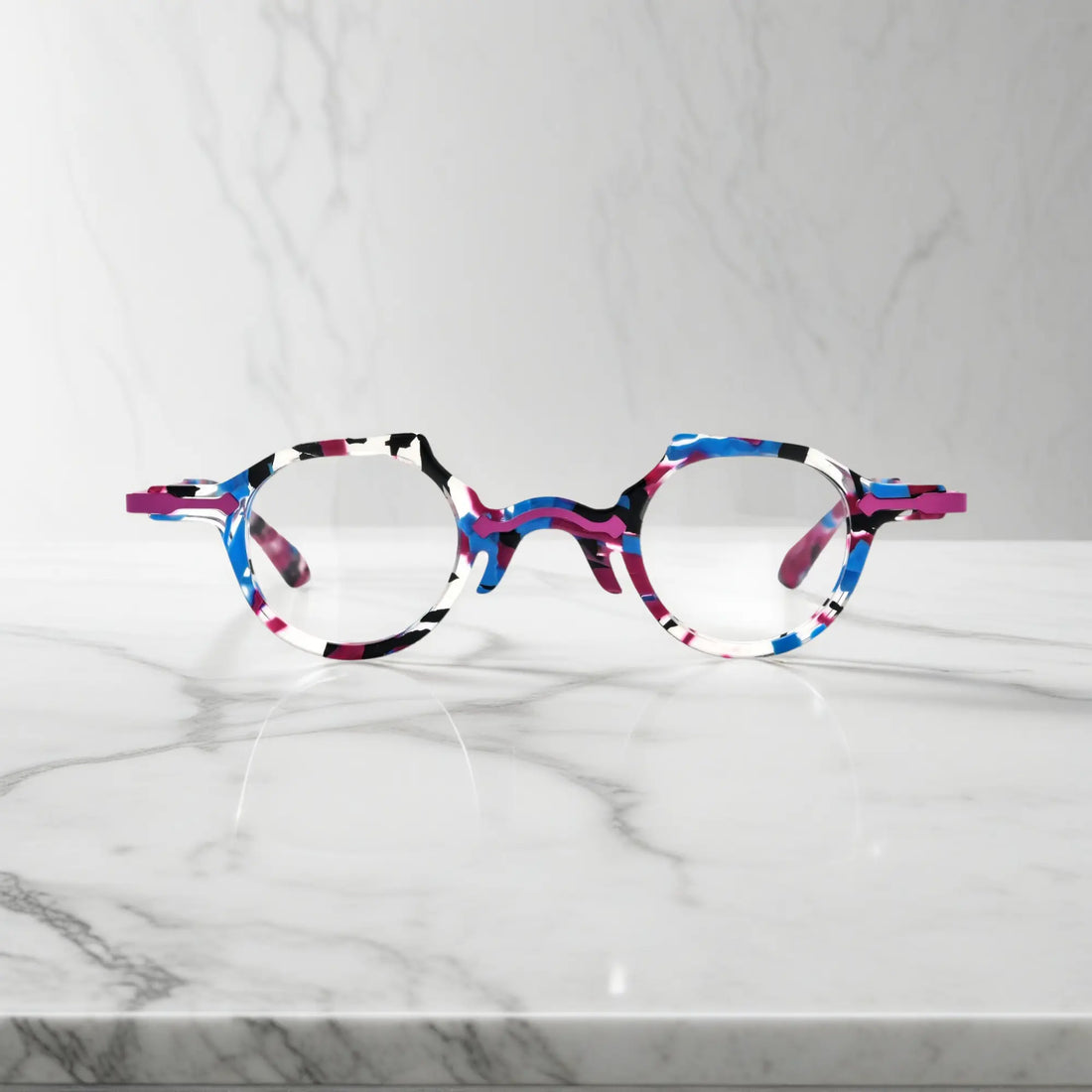 Front view of VoyueLens™ VL19341 eyeglasses in soft orchid purple acetate with rounded lenses and elegant, translucent tones.