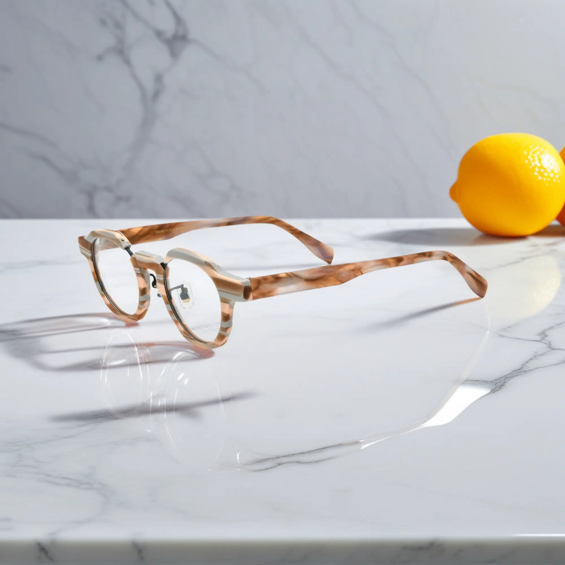 Side view of VoyueLens™ Amber Drift eyeglasses showing rich caramel-brown arm design