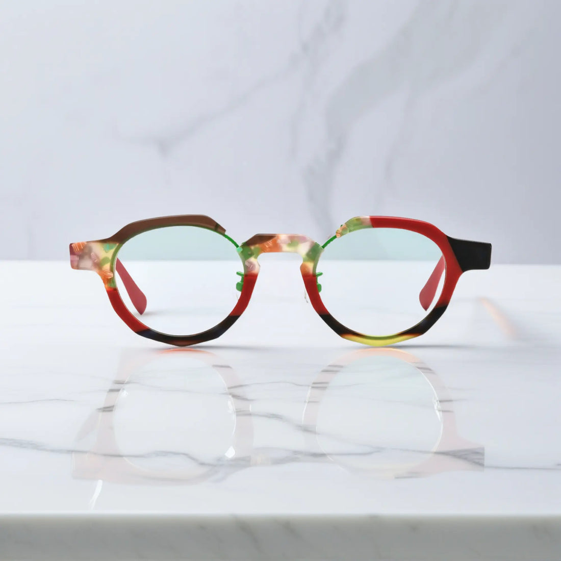 Front view of VoyueLens™ Forest Ember VL19378 eyeglasses with deep green and red blend