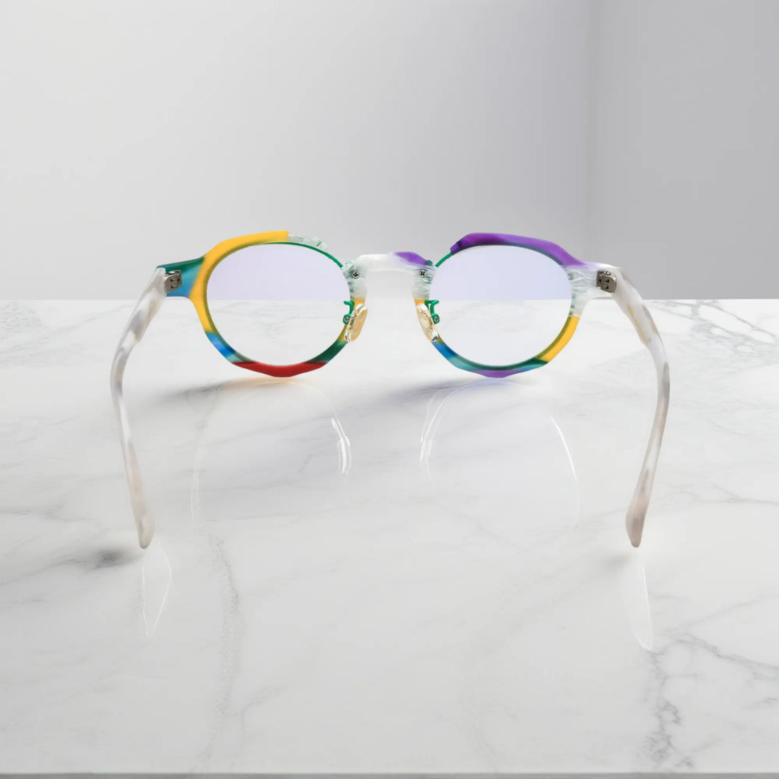 Rear angle of VoyueLens™ Rainbow Frost eyeglasses with frosted white temples