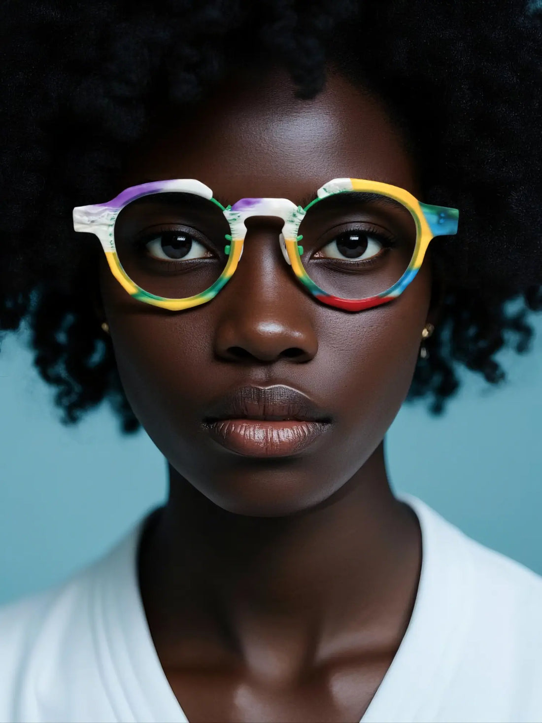 Model wearing VoyueLens™ Rainbow Frost eyeglasses with vibrant multicolor pattern