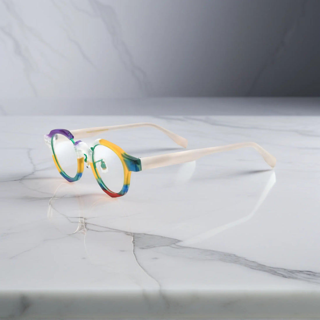 Side view of VoyueLens™ Rainbow Frost eyeglasses showing matte white temples and colorful rims