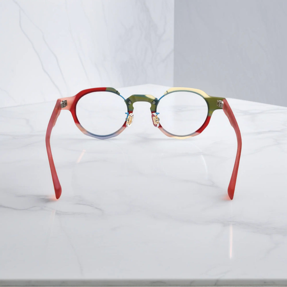 Rear angle of VoyueLens™ Rose Blush eyeglasses showcasing frame curvature and temple tips