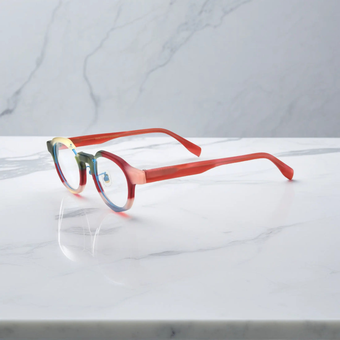 Side view of VoyueLens™ Rose Blush eyeglasses showing matte pink arms and clear pink rim