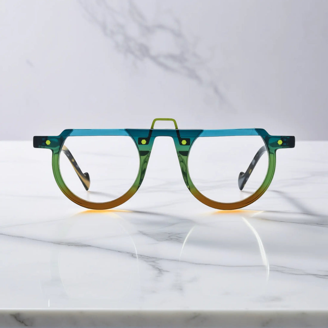 Front view of VoyueLens™ VL19383 round eyeglasses in Lime Tortoiseshell – green amber mix