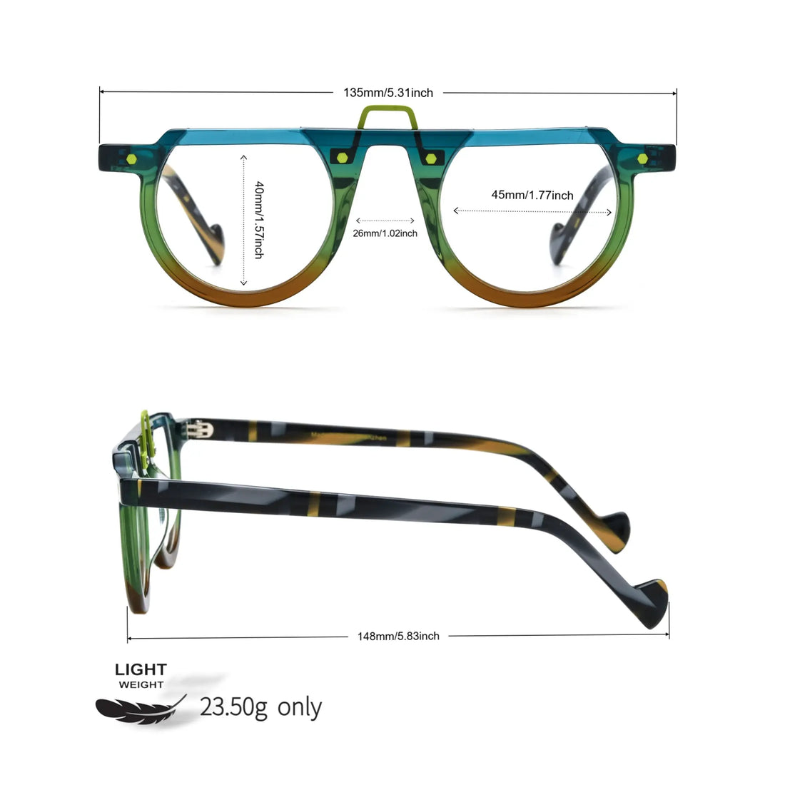 Size diagram of Lime Tortoiseshell VL19383 eyeglasses showing detailed frame dimensions