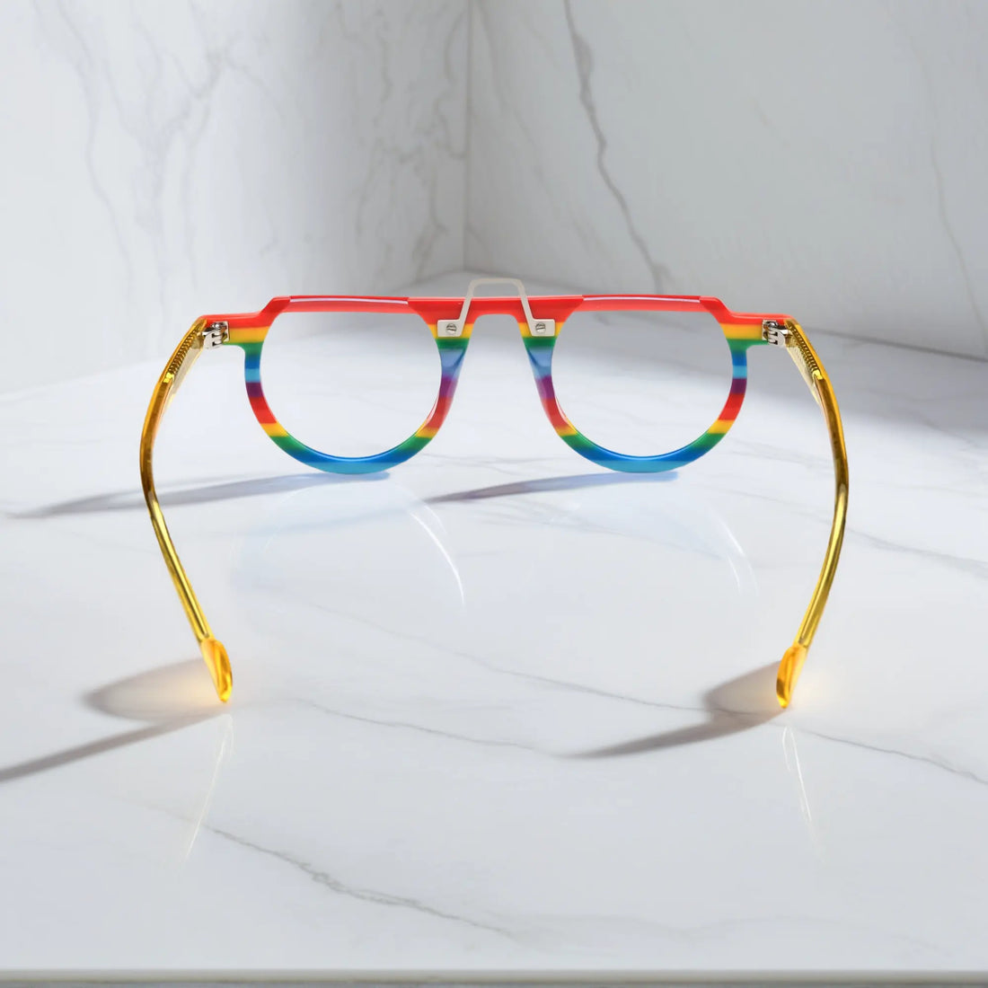 Rear view showing the vivid Rainbow Stripe pattern on VoyueLens™ VL19383 frame