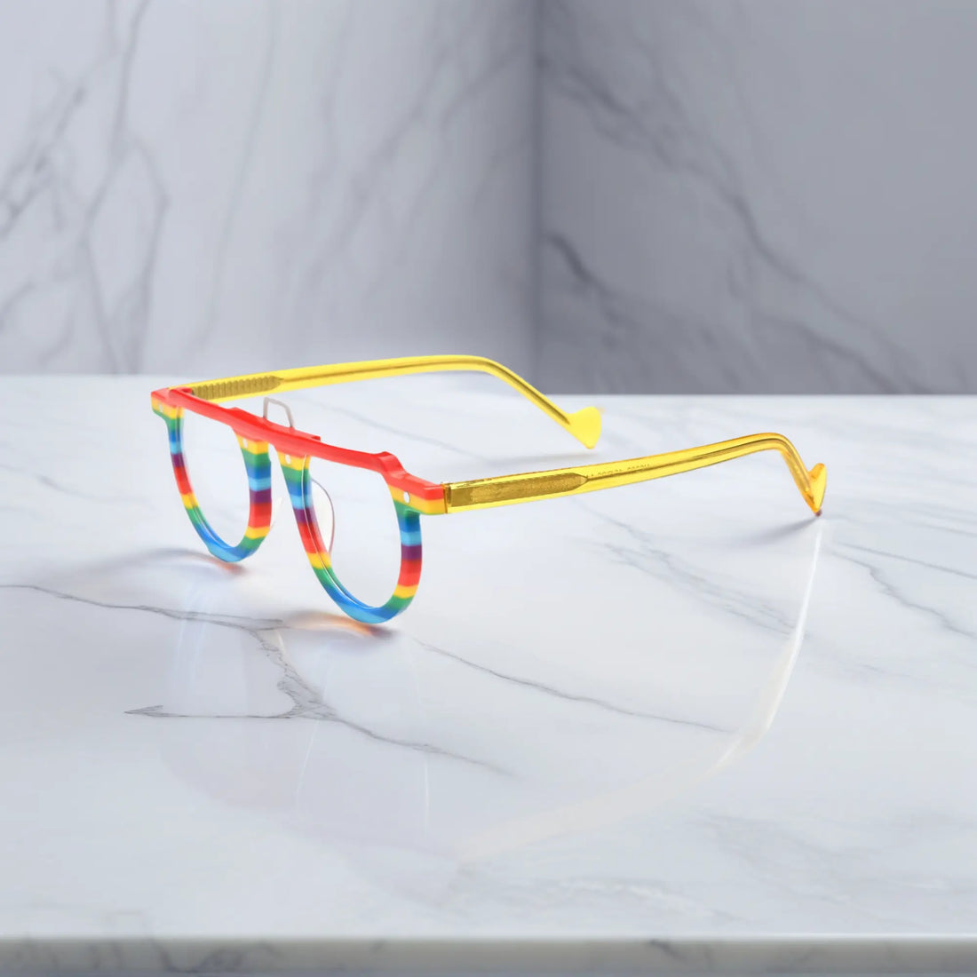 Side view of colorful Rainbow Stripe acetate glasses with round frame design