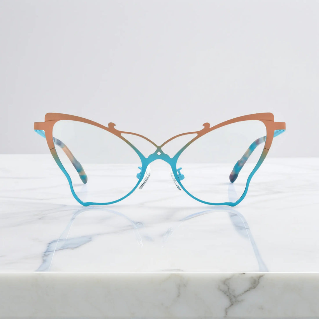 Front of VoyueLens™ VL185862 titanium butterfly eyeglasses in Yellow Blue – a lightweight, colorful, vintage-inspired, prescription ready frame designed for unique artistic style and everyday comfort.