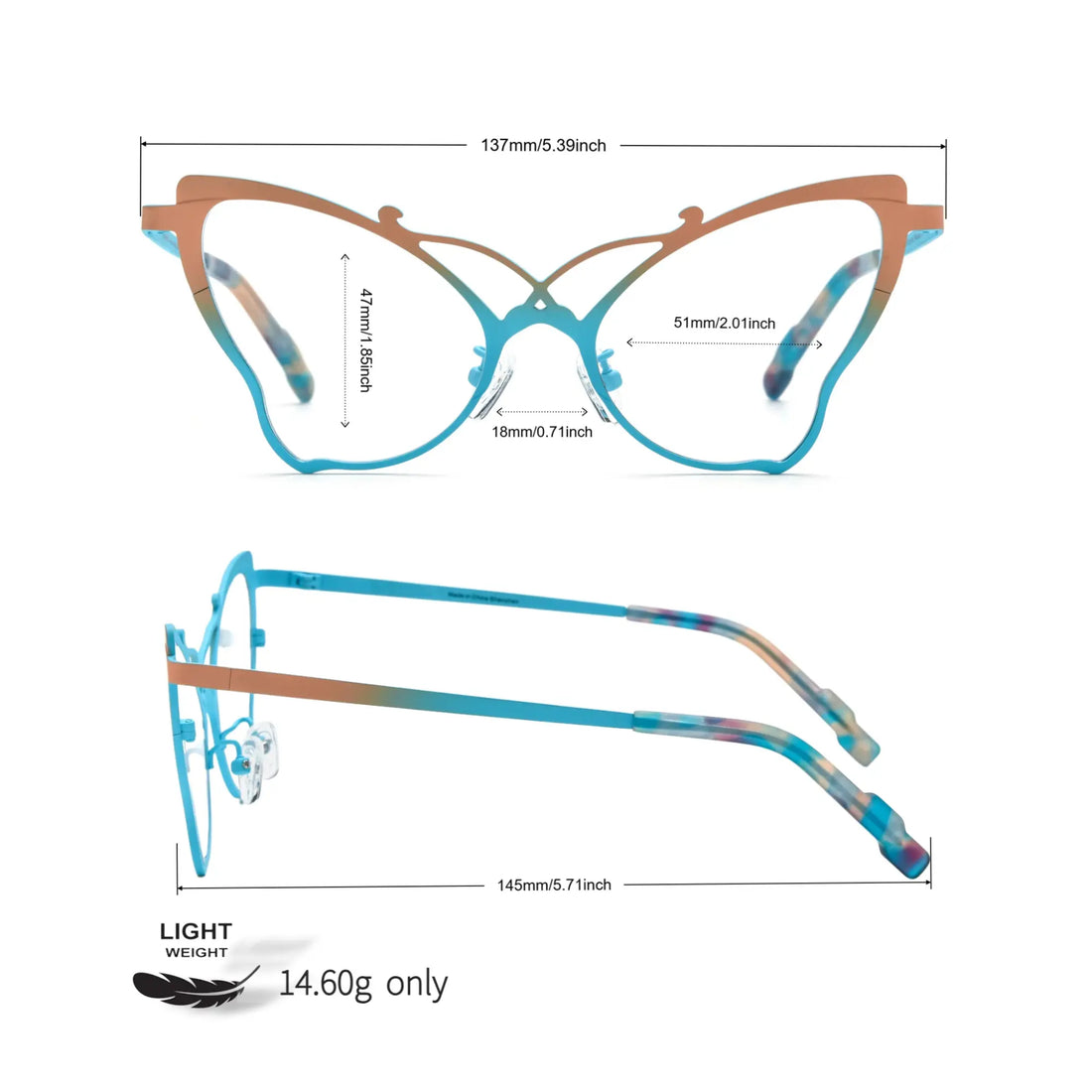 Size Chart of VoyueLens™ VL185862 titanium butterfly eyeglasses in Yellow Blue – a lightweight, colorful, vintage-inspired, prescription ready frame designed for unique artistic style and everyday comfort.
