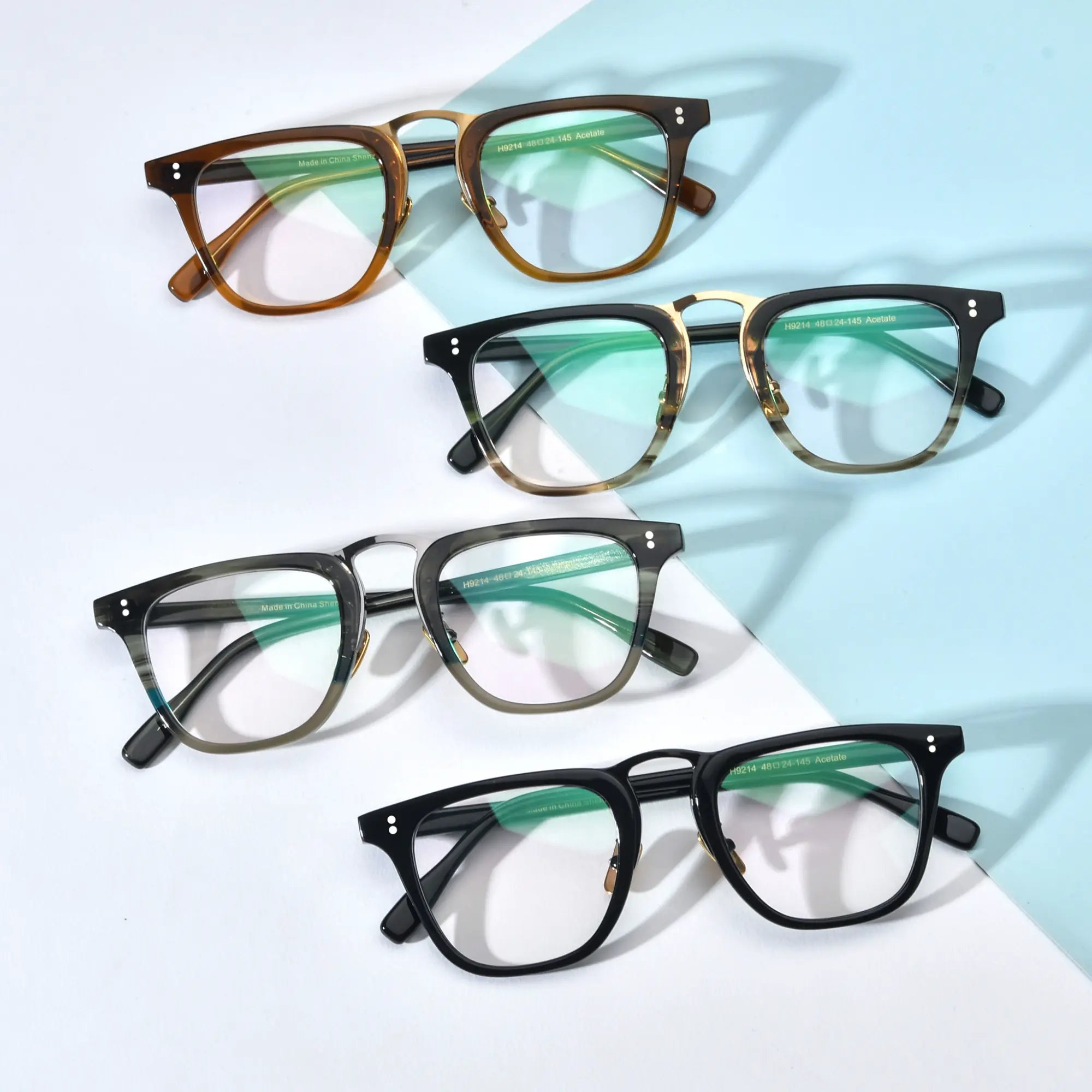 Full colorway showing VL19214 acetate square glasses in an everyday setting