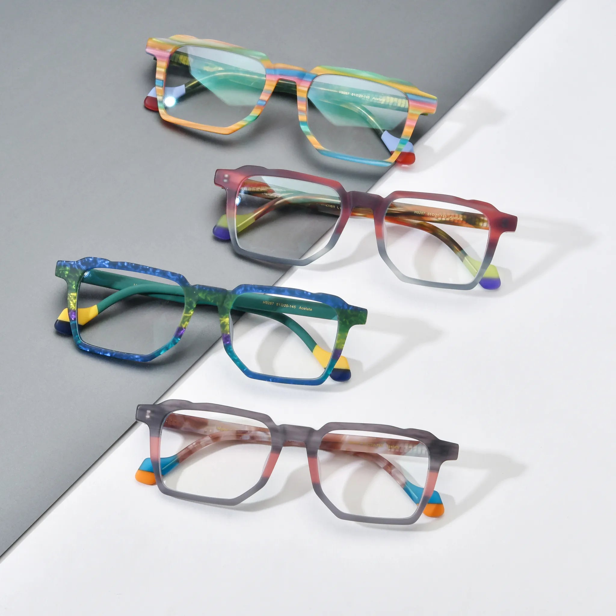 Barledear square acetate eyeglasses collection showing Rainbow Horizon Crimson Smoke Ocean Meadow and Graphite Blush color variants