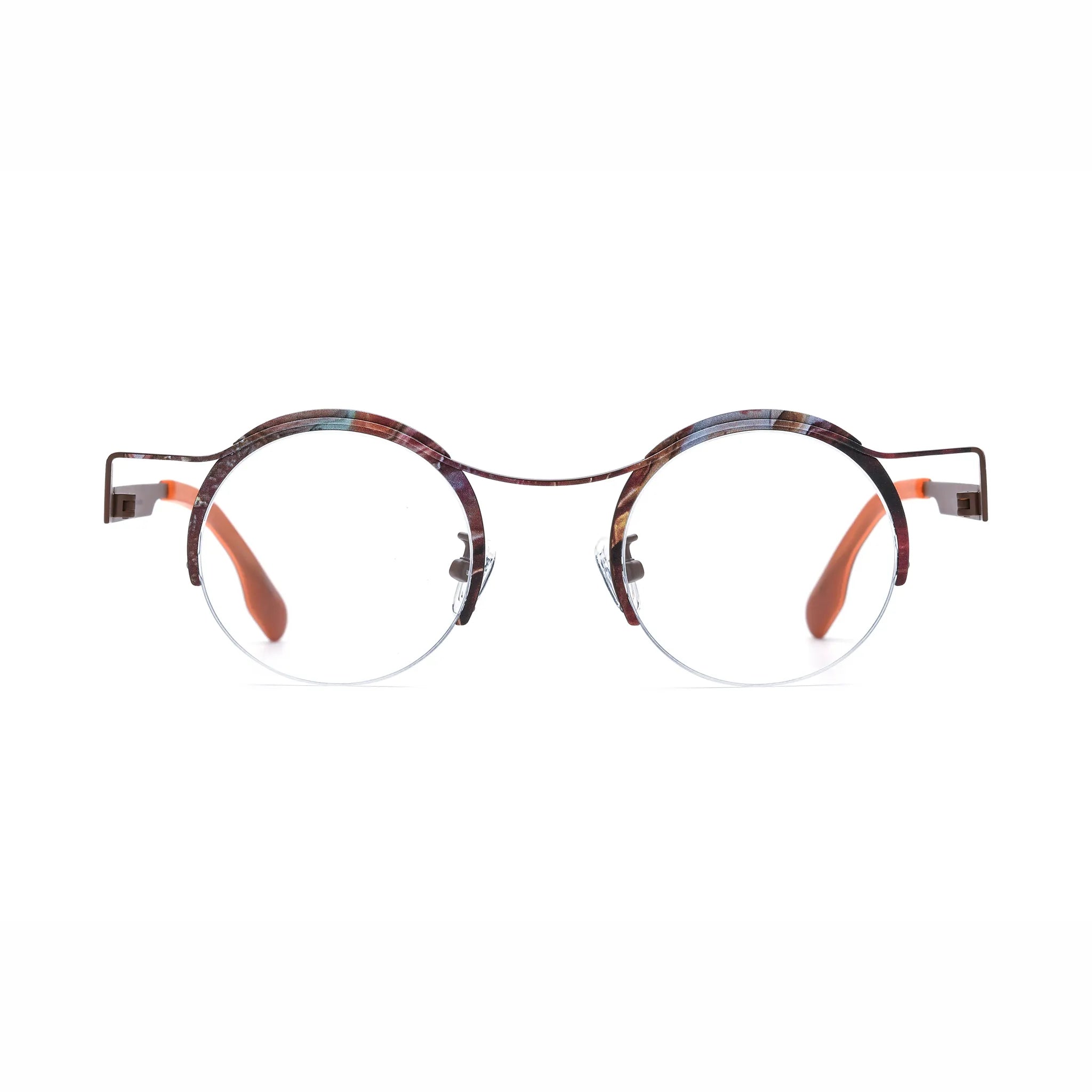 Barledear Amber Cocoa eyeglasses front view with lightweight round pure titanium semi-rimless frame and warm brown color details