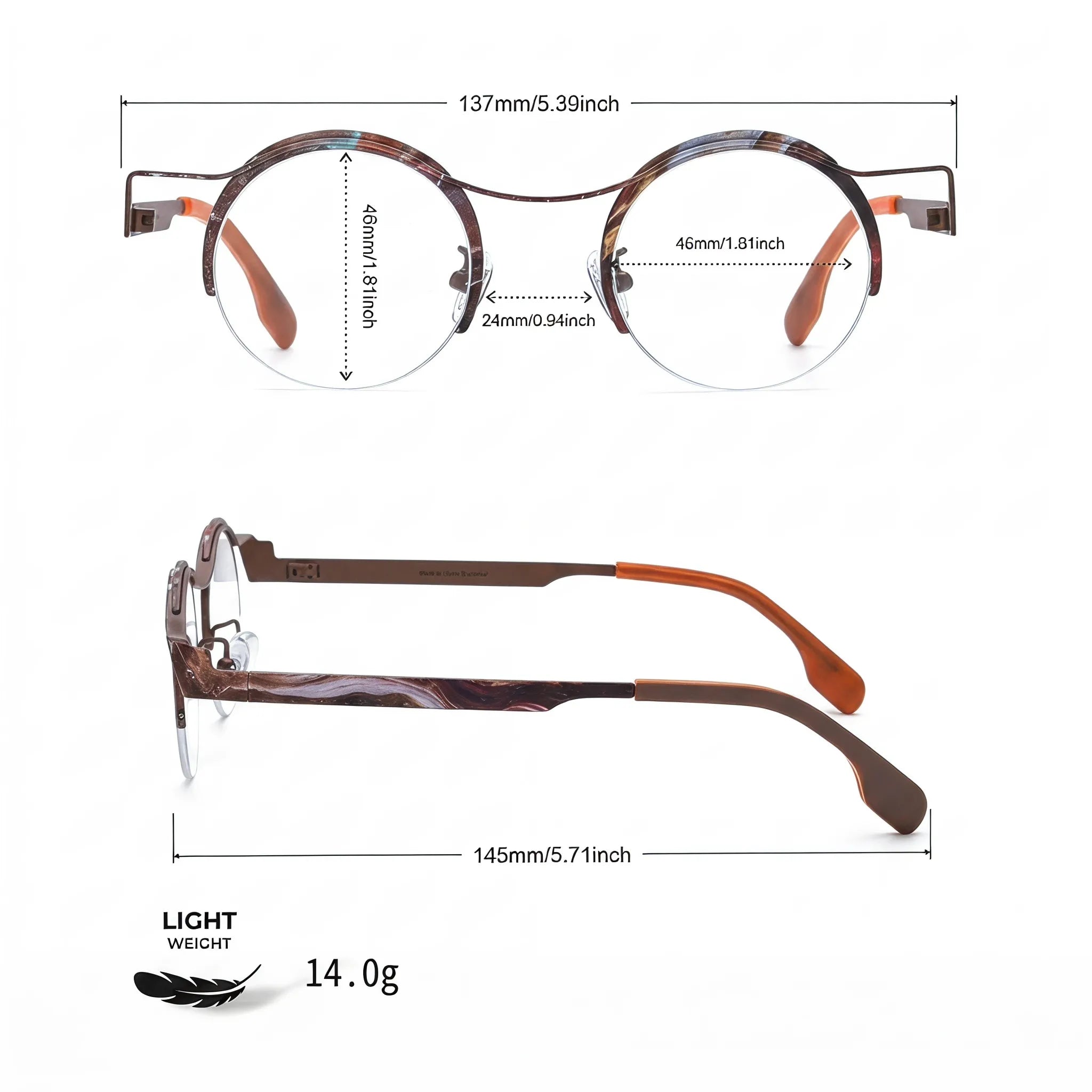 Barledear Amber Cocoa eyeglasses size chart with 137mm frame width, 46mm lens width, 24mm bridge, 145mm temple length, and 14.0g weight