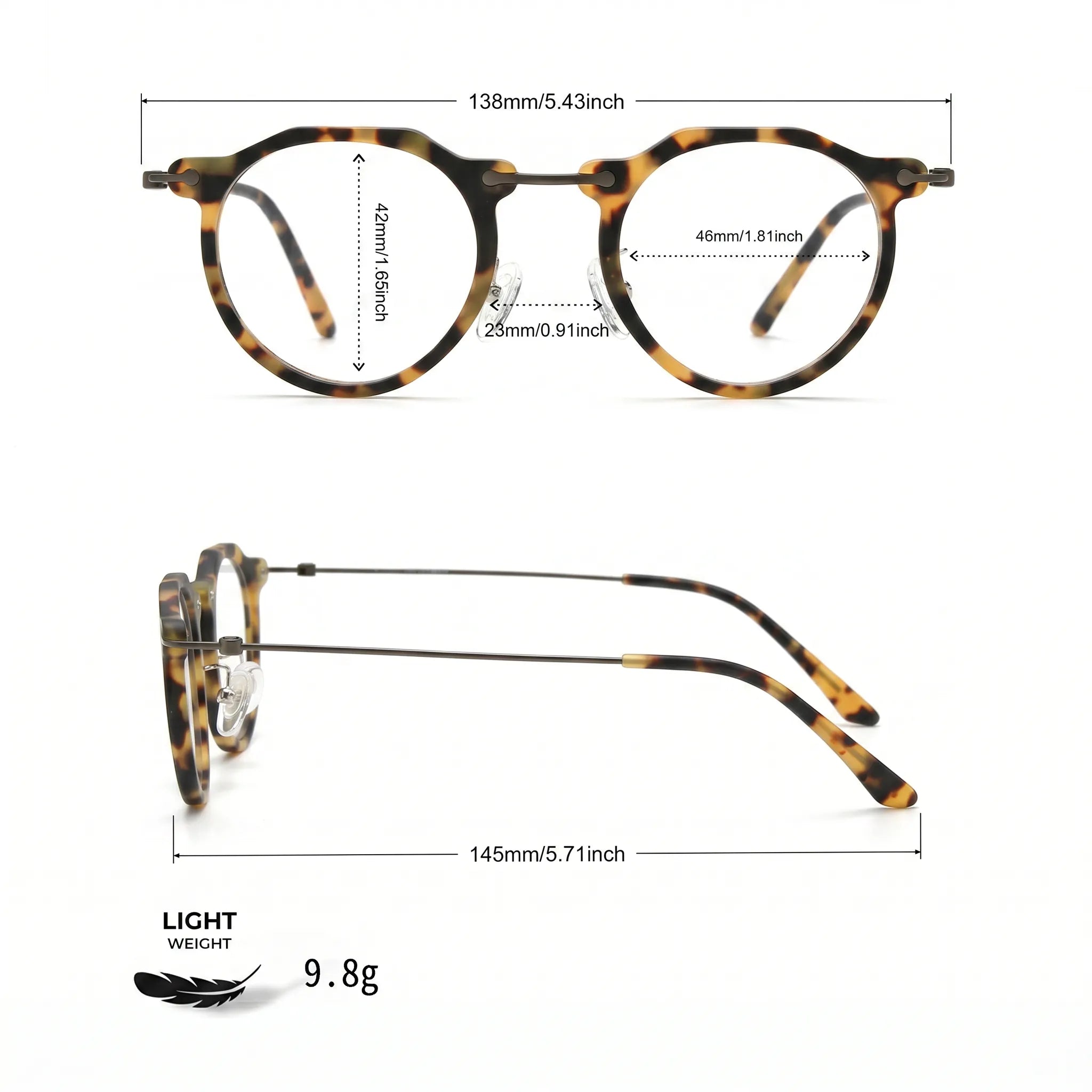 Barledear Amber Leopard eyeglasses size chart with 138mm frame width 46mm lens width 42mm lens height 23mm bridge and 145mm temple measurements
